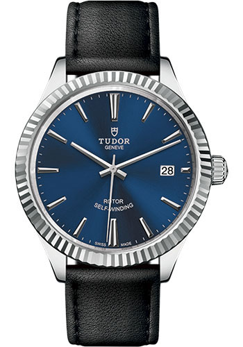 Tudor Style Watch - 38mm Steel Case - Fluted Bezel - Blue Dial - Leather Strap