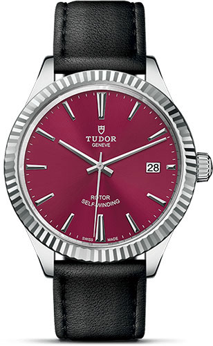Tudor Style Watch - 38 mm Steel Case - Fluted Bezel - Burgundy Dial - Leather Strap