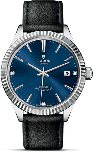 Tudor Style Watch - 38 mm Steel Case - Fluted Bezel - Blue Diamond Dial - Leather Strap