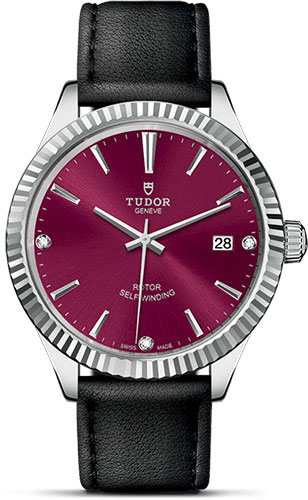 Tudor Style Watch - 38 mm Steel Case - Fluted Bezel - Burgundy Diamond Dial - Leather Strap