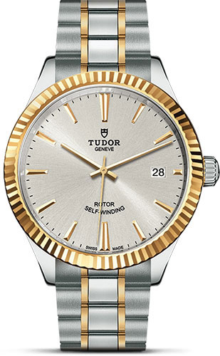 Tudor Style Watch - 38 mm Steel and Gold Case - Fluted Bezel - Silver Dial - Bracelet