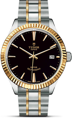 Tudor Style Watch - 38 mm Steel and Gold Case - Fluted Bezel - Black Dial - Bracelet