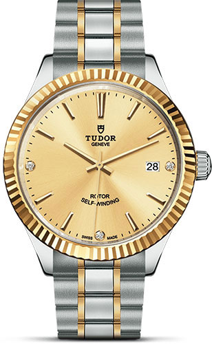 Tudor Style Watch - 38 mm Steel and Gold Case - Fluted Bezel - Champagne Diamond Dial - Bracelet