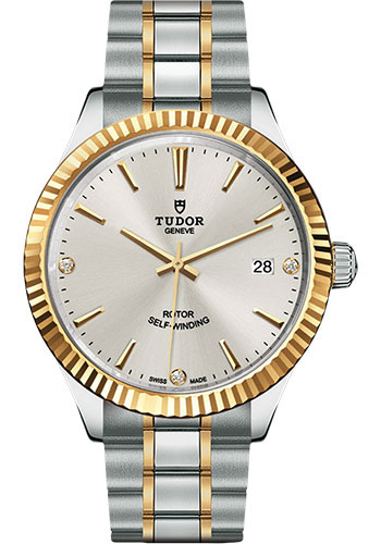 Tudor Style Watch - 38mm Steel and Gold Case - Fluted Bezel - Silver Diamond Dial - Bracelet