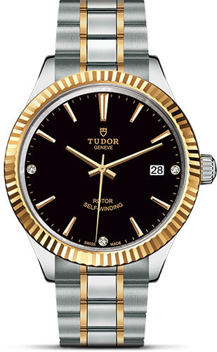 Tudor Style Watch - 38 mm Steel and Gold Case - Fluted Bezel - Black Diamond Dial - Bracelet