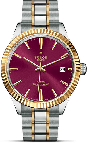 Tudor Style Watch - 38 mm Steel and Gold Case - Fluted Bezel - Burgundy Dial - Bracelet