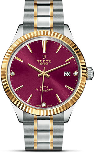 Tudor Style Watch - 38 mm Steel and Gold Case - Fluted Bezel - Burgundy Diamond Dial - Bracelet