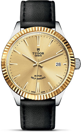 Tudor Style Watch - 38 mm Steel and Gold Case - Fluted Bezel - Champagne Dial - Leather Strap