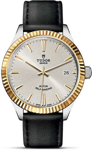Tudor Style Watch - 38 mm Steel and Gold Case - Fluted Bezel - Silver Dial - Leather Strap
