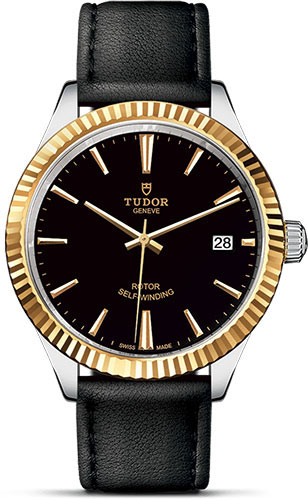 Tudor Style Watch - 38 mm Steel and Gold Case - Fluted Bezel - Black Dial - Leather Strap