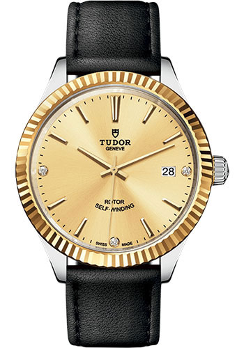 Tudor Style Watch - 38mm Steel and Gold Case - Fluted Bezel - Champagne Diamond Dial - Leather Strap