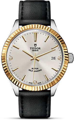 Tudor Style Watch - 38 mm Steel and Gold Case - Fluted Bezel - Silver Diamond Dial - Leather Strap