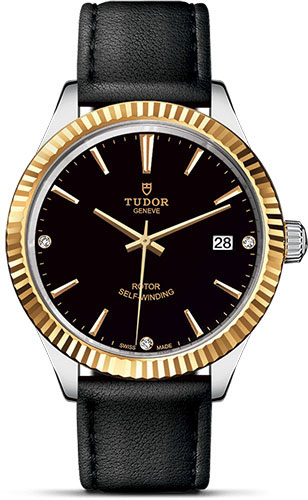 Tudor Style Watch - 38 mm Steel and Gold Case - Fluted Bezel - Black Diamond Dial - Leather Strap