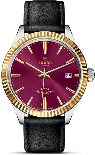 Tudor Style Watch - 38 mm Steel and Gold Case - Fluted Bezel - Burgundy Dial - Leather Strap
