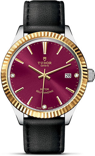 Tudor Style Watch - 38 mm Steel and Gold Case - Fluted Bezel - Burgundy Diamond Dial - Leather Strap
