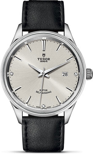 Tudor Style Watch - 41 mm Steel Case - Double Bezel - Silver Diamond Dial - Leather Strap