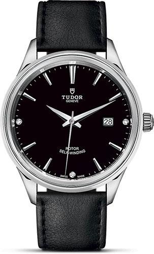 Tudor Style Watch - 41 mm Steel Case - Double Bezel - Black Diamond Dial - Leather Strap