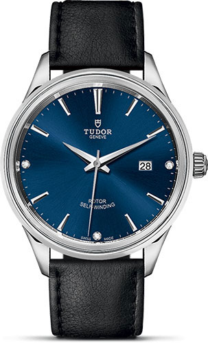 Tudor Style Watch - 41 mm Steel Case - Double Bezel - Blue Diamond Dial - Leather Strap