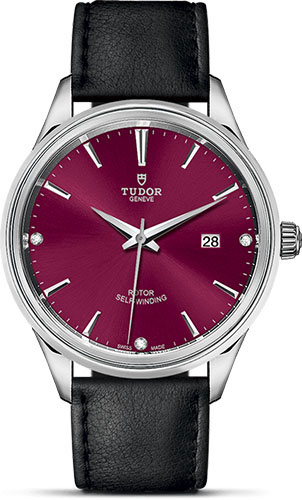 Tudor Style Watch - 41 mm Steel Case - Double Bezel - Burgundy Diamond Dial - Leather Strap
