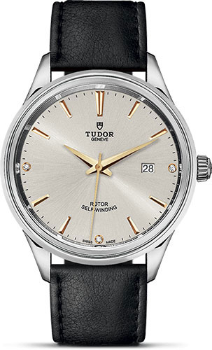 Tudor Style Watch - 41 mm Steel Case - Double Bezel - Gold Diamond Dial - Leather Strap
