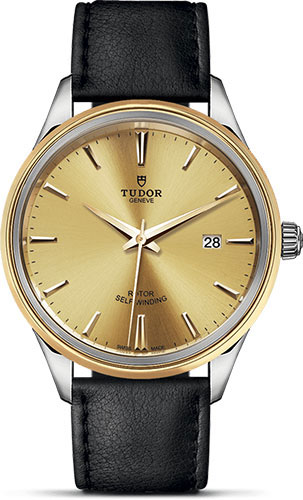 Tudor Style Watch - 41 mm Steel and Gold Case - Double Bezel - Champagne Dial - Leather Strap