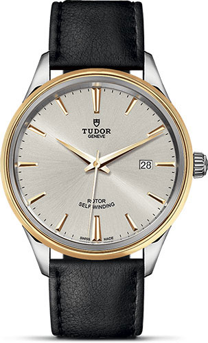 Tudor Style Watch - 41 mm Steel and Gold Case - Double Bezel - Silver Dial - Leather Strap