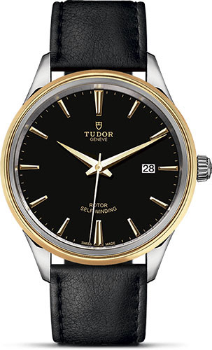 Tudor Style Watch - 41 mm Steel and Gold Case - Double Bezel - Black Dial - Leather Strap