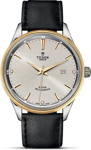 Tudor Style Watch - 41 mm Steel and Gold Case - Double Bezel - Silver Diamond Dial - Leather Strap