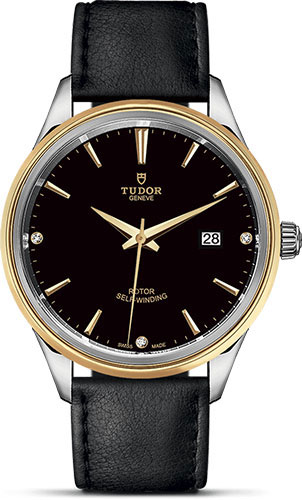 Tudor Style Watch - 41 mm Steel and Gold Case - Double Bezel - Black Diamond Dial - Leather Strap
