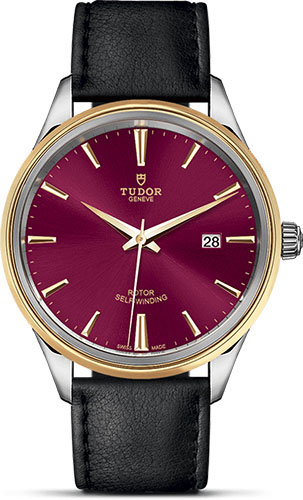 Tudor Style Watch - 41 mm Steel and Gold Case - Double Bezel - Burgundy Dial - Leather Strap