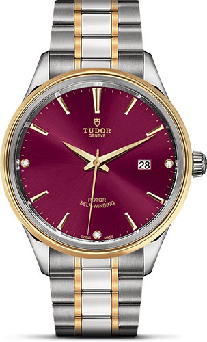 Tudor Style Watch - 41 mm Steel and Gold Case - Double Bezel - Burgundy Diamond Dial - Bracelet