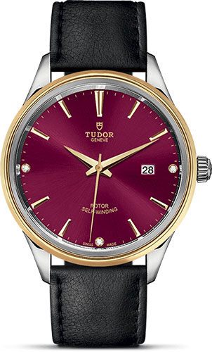 Tudor Style Watch - 41 mm Steel and Gold Case - Double Bezel - Burgundy Diamond Dial - Leather Strap