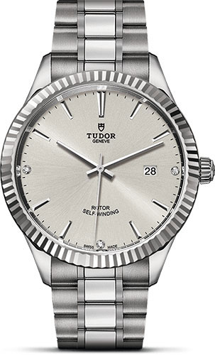 Tudor Style Watch - 41 mm Steel Case - Fluted Bezel - Silver Diamond Dial - Bracelet