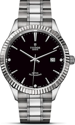 Tudor Style Watch - 41 mm Steel Case - Fluted Bezel - Black Diamond Dial - Bracelet