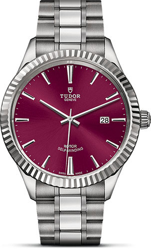 Tudor Style Watch - 41 mm Steel Case - Fluted Bezel - Burgundy Dial - Bracelet