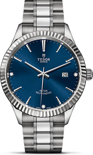 Tudor Style Watch - 41 mm Steel Case - Fluted Bezel - Blue Diamond Dial - Bracelet