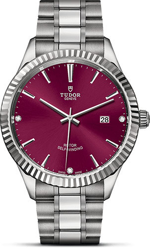 Tudor Style Watch - 41 mm Steel Case - Fluted Bezel - Burgundy Diamond Dial - Bracelet
