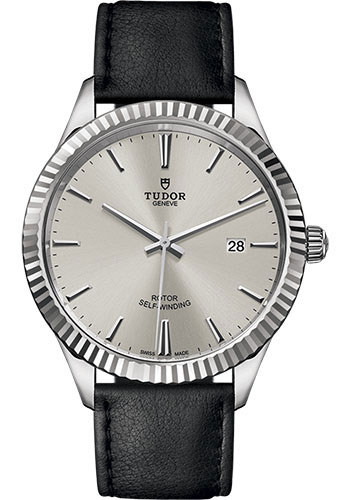 Tudor Style Watch - 41mm Steel Case - Fluted Bezel - Silver Dial - Leather Strap