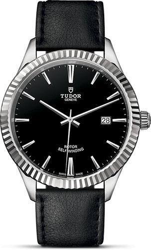 Tudor Style Watch - 41 mm Steel Case - Fluted Bezel - Black Dial - Leather Strap