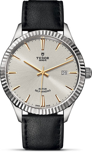 Tudor Style Watch - 41 mm Steel Case - Fluted Bezel - Gold Dial - Leather Strap