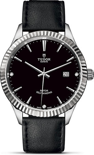 Tudor Style Watch - 41 mm Steel Case - Fluted Bezel - Black Diamond Dial - Leather Strap