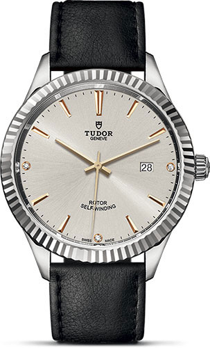 Tudor Style Watch - 41 mm Steel Case - Fluted Bezel - Silver Diamond Dial - Leather Strap