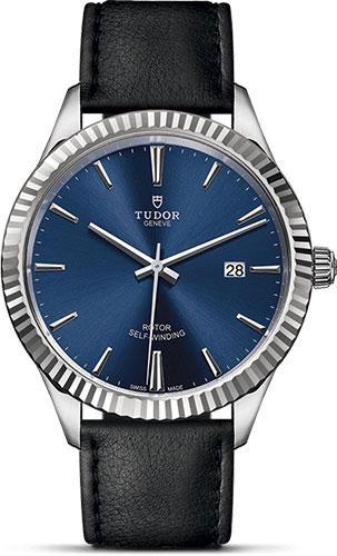 Tudor Style Watch - 41 mm Steel Case - Fluted Bezel - Blue Dial - Leather Strap