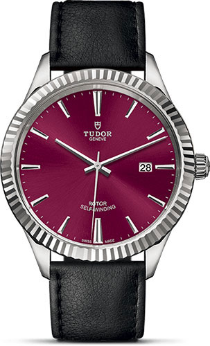 Tudor Style Watch - 41 mm Steel Case - Fluted Bezel - Burgundy Dial - Leather Strap