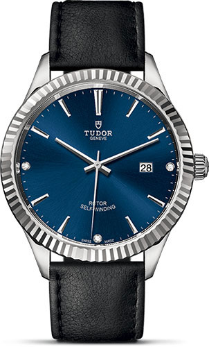 Tudor Style Watch - 41 mm Steel Case - Fluted Bezel - Blue Diamond Dial - Leather Strap