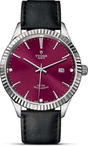 Tudor Style Watch - 41 mm Steel Case - Fluted Bezel - Burgundy Diamond Dial - Leather Strap