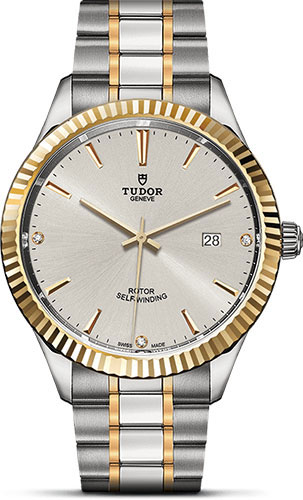 Tudor Style Watch - 41 mm Steel and Gold Case - Fluted Bezel - Silver Diamond Dial - Bracelet