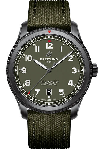 Breitling Aviator 8 Automatic 41 Black Steel Curtiss Warhawk Watch - DLC-Coated Stainless Steel - Green Dial - Khaki Green Calfskin Leather Strap - Folding Buckle
