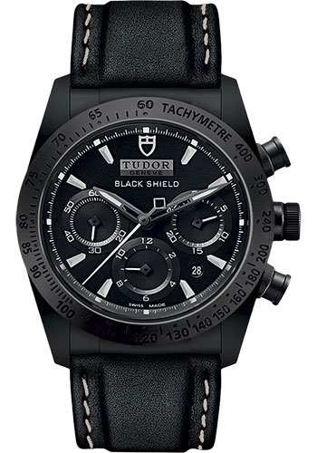 Tudor Fastrider Black Shield Watch - Black Dial - Black And White Leather Strap