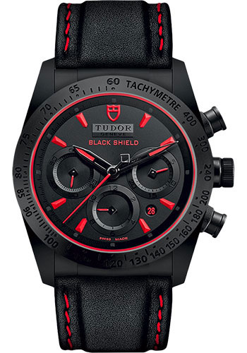Tudor Fastrider Black Shield Watch - Black And Red Dial - Black And Red Leather Strap